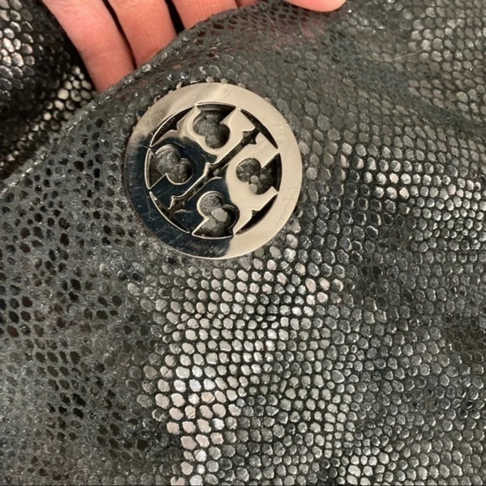 Tory Burch black embossed leather fold over crossbody bag